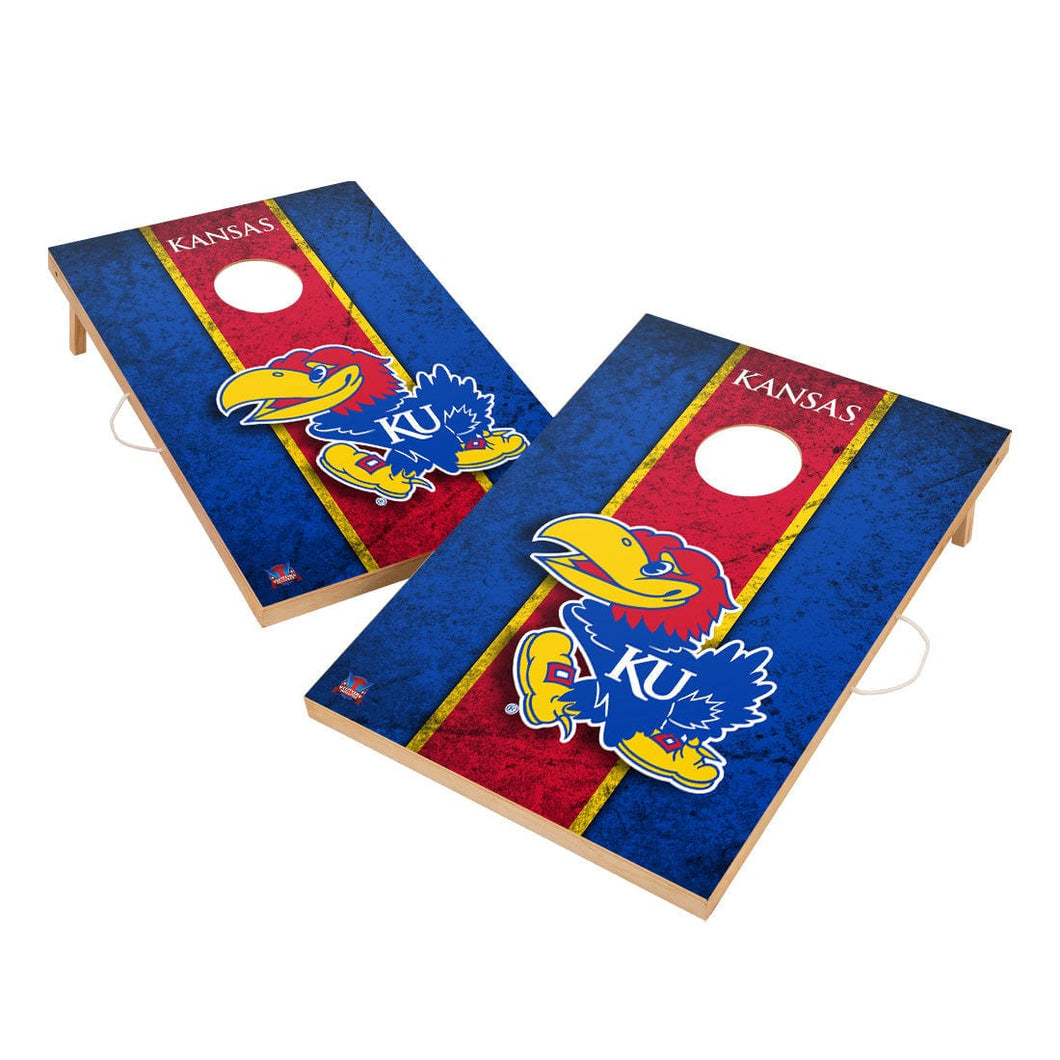 Kansas Jayhawks on colored wood look custom Cornhole Wraps