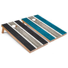 Dark Grey and Turquoise Striped Cornhole Boards
