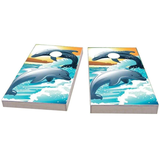 Dolphins playing in the oceans waves All-Weather Cornhole