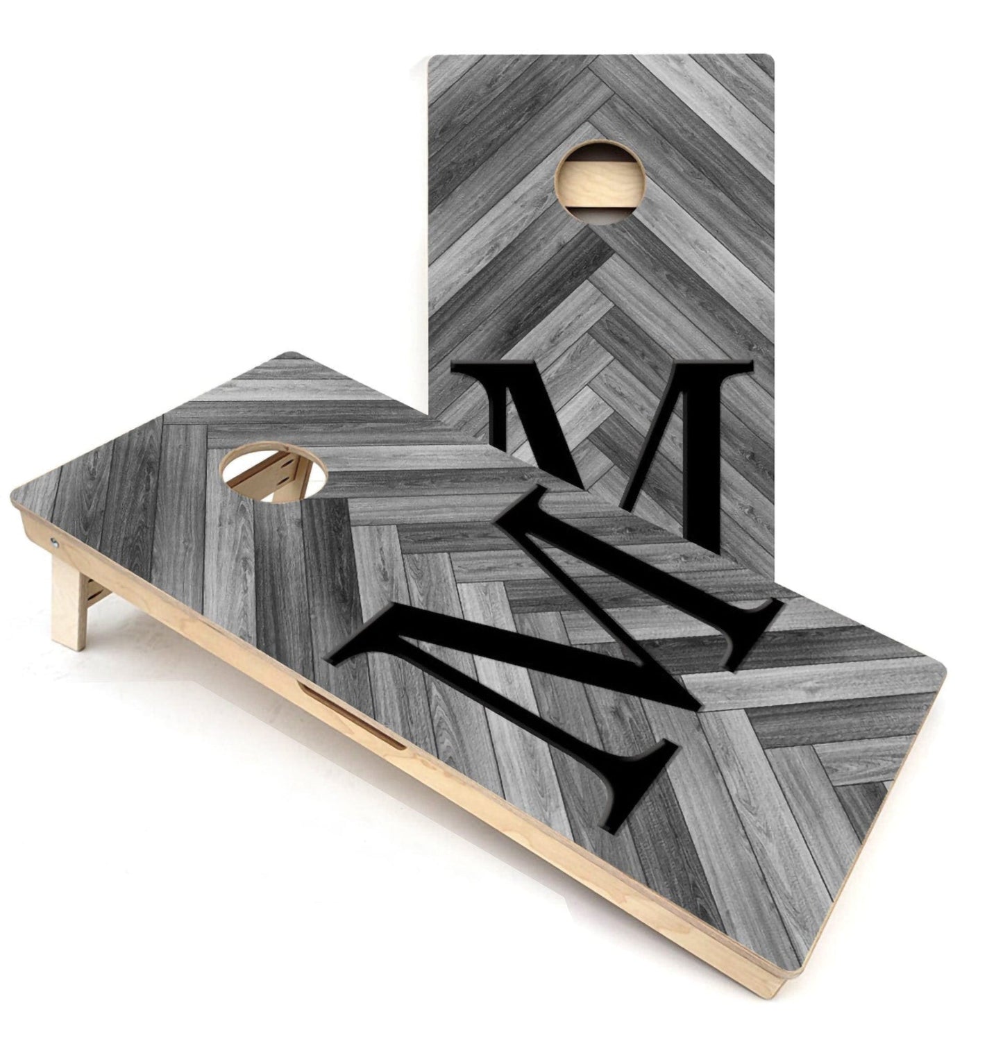 Grey Herringbone Initial All-Weather Cornhole Boards